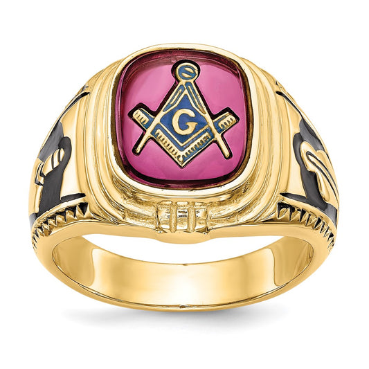 14k Men's Textured w/ Black Enamel & Lab Cr. Ruby Masonic Ring