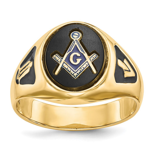 14k Men's Polished & Textured w/ Black Enamel & Onyx Masonic Ring