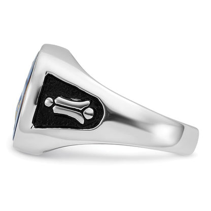 14k White Gold Men's Polished and Textured with Black Enamel and Imitation Blue Spinel Masonic Ring