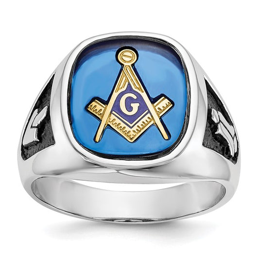 14k White Gold Men's Polished and Textured with Black Enamel and Imitation Blue Spinel Masonic Ring