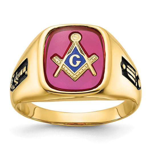 14k Men's Textured w/ Black Enamel & Lab Cr. Ruby Masonic Ring