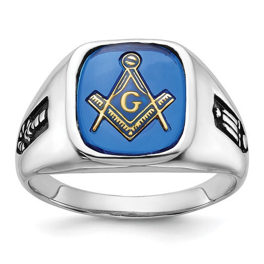 14kw Men's Grooved w/ Black Enamel & Imit. Blue Spinel Masonic Ring