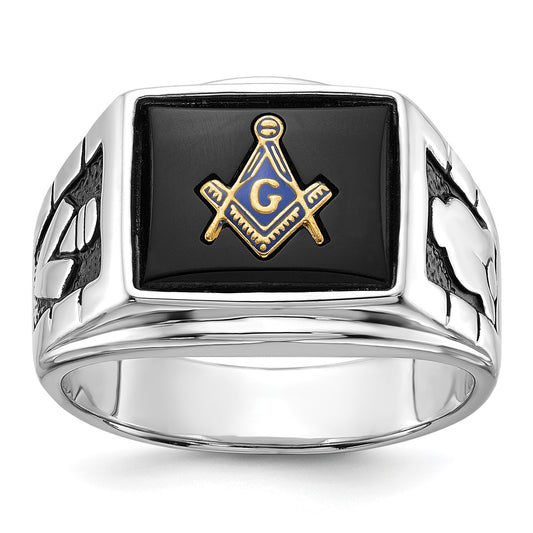 14k White Gold Men's Polished & Textured w/ Black Enamel Onyx Masonic Ring