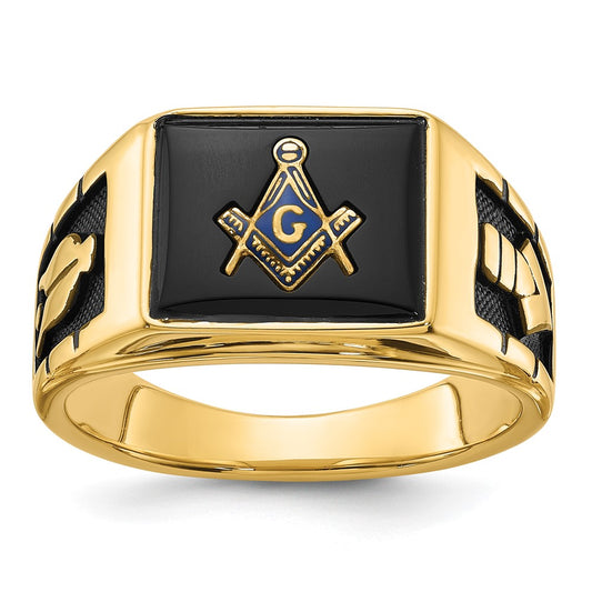 14k Men's Textured w/ Black Enamel & Onyx Masonic Ring