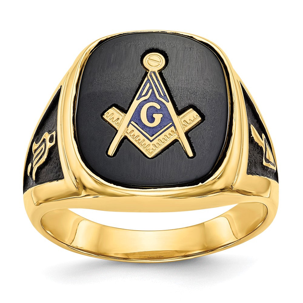 14k Men's Polished & Textured w/ Black Enamel & Onyx Masonic Ring