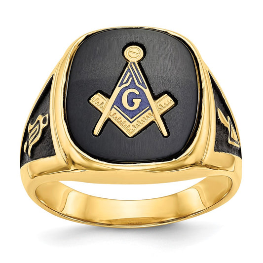 14k Men's Polished & Textured w/ Black Enamel & Onyx Masonic Ring