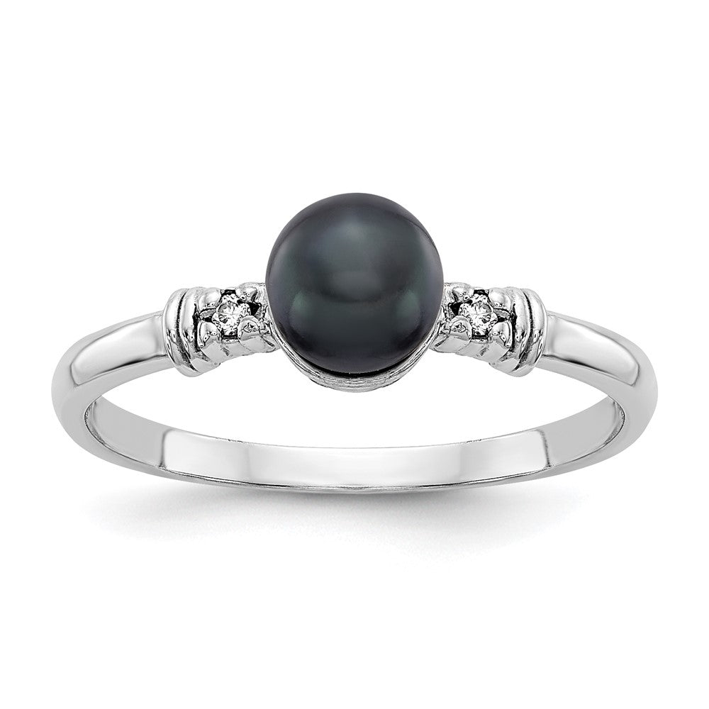 14k White Gold 5mm Black FW Cultured Pearl AA Diamond ring