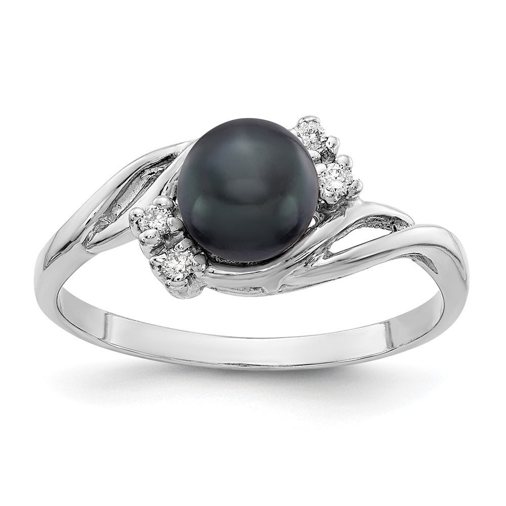 14k White Gold 6mm Black FW Cultured Pearl AA Diamond ring