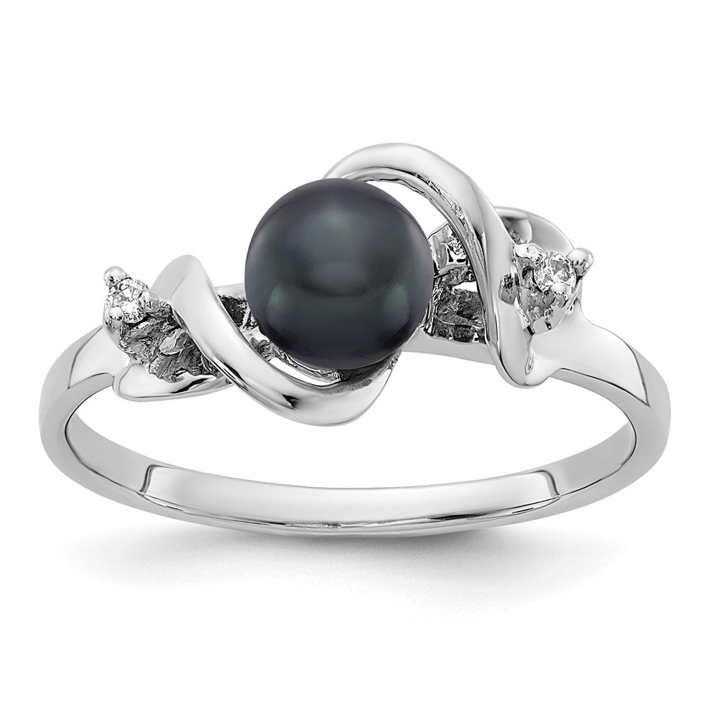14k White Gold 5.5mm Black FW Cultured Pearl AAA Diamond ring