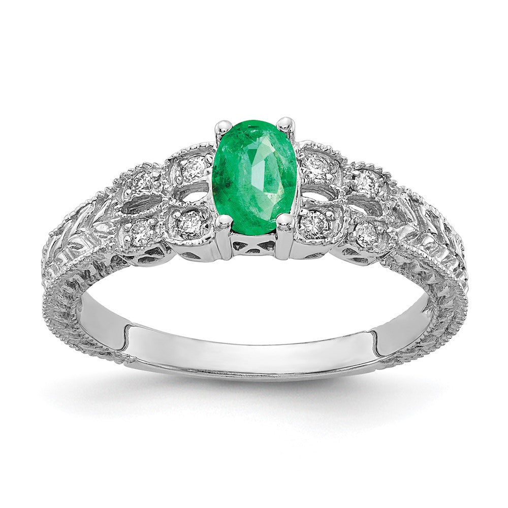 14k White Gold 6x4mm Oval Emerald A Diamond ring