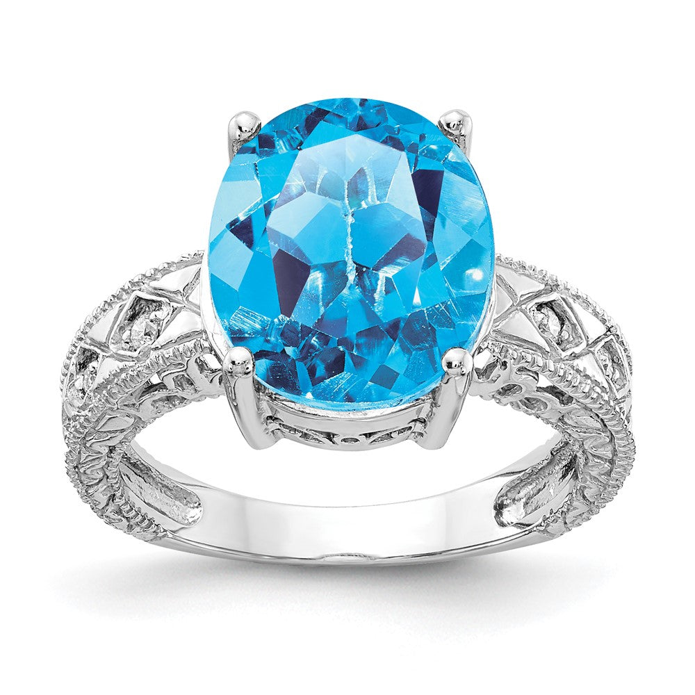 14k White Gold 12x10mm Oval Blue Topaz A Diamond ring