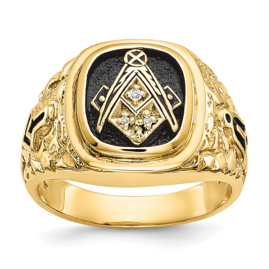 14k Polished, Antiqued and Nugget Texture Diamond Masonic Ring