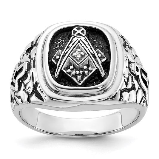 14kw Men's Antiqued Textured w/ Black Enamel & Diamond Masonic Ring