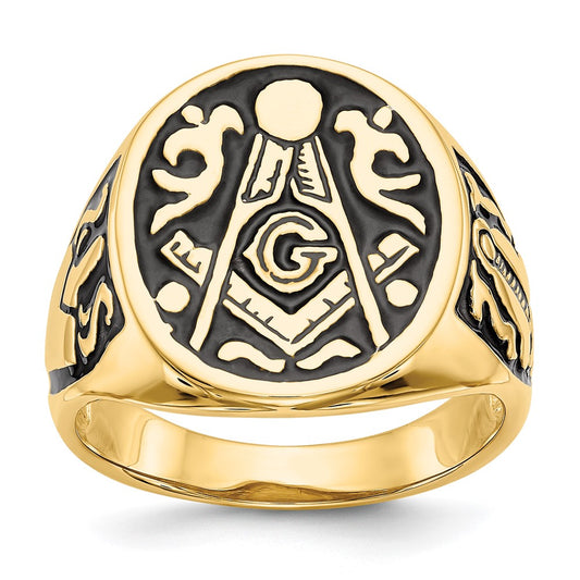 14k Men's Polished and Grooved with Black Enamel Masonic Ring