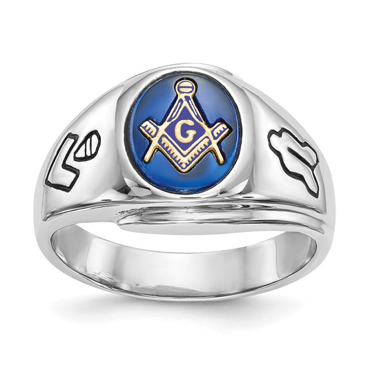 14kw Men's Polished & Antiqued w/ Imit. Blue Spinel Masonic Ring
