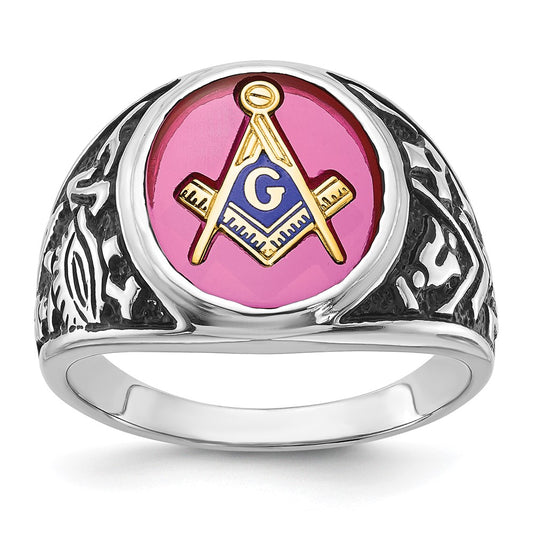 14kw Men's Antiqued & Textured w/ Lab Cr. Ruby Masonic Ring