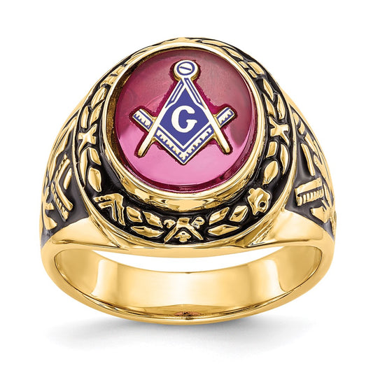14k Men's Antiqued & Textured w/ Lab Cr. Ruby Masonic Ring