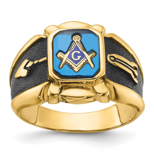 14k Men's Antiqued and Textured w/ Imit. Blue Spinel Masonic Ring