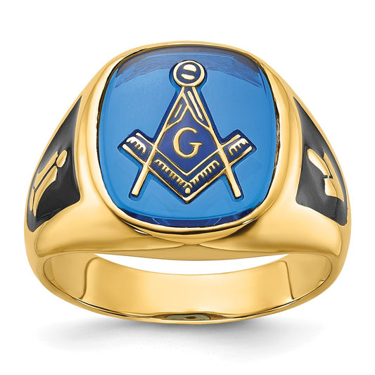 14k Men's Textured w/ Black Enamel & Imit. Blue Spinel Masonic Ring