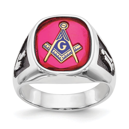 14kw Men's Textured w/ Black Enamel & Lab Cr. Ruby Masonic Ring
