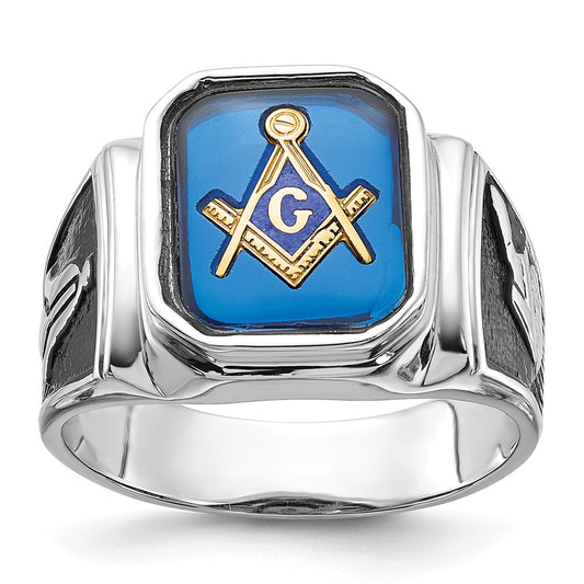 14kw Men's Textured w/ Black Enamel & Imit. Blue Spinel Masonic Ring