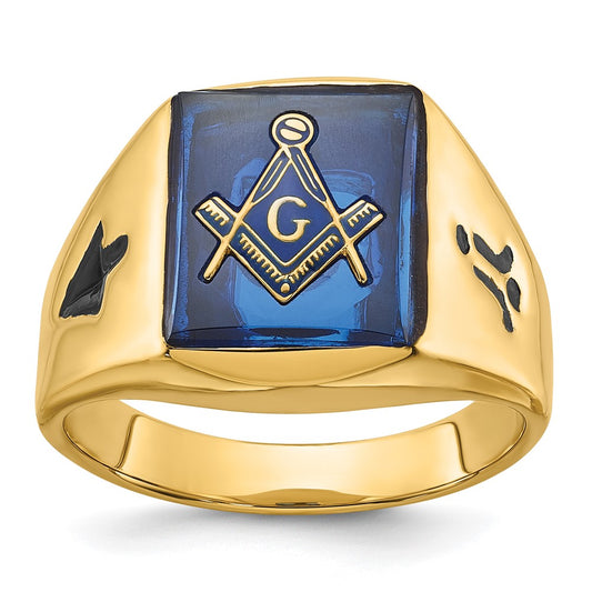 14k Men's Grooved w/ Black Enamel & Imit. Blue Spinel Masonic Ring