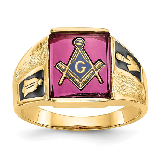 14k Men's Textured w/ Black Enamel & Lab Cr. Ruby Masonic Ring
