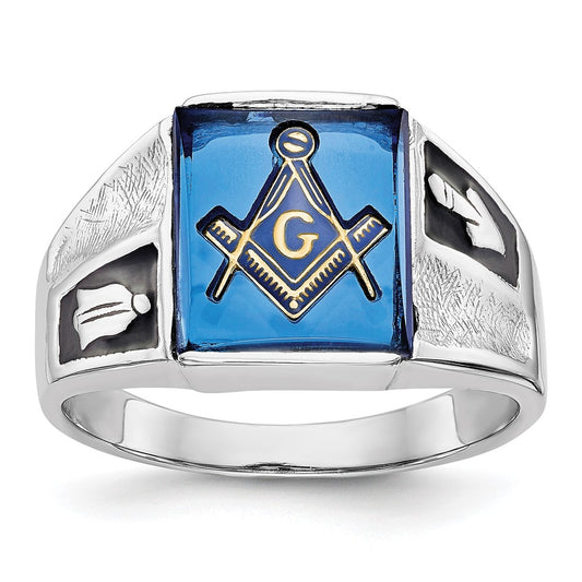 14kw Men's Textured w/ Black Enamel & Imit. Blue Spinel Masonic Ring