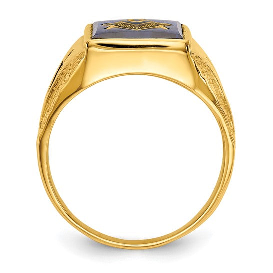 14k Men's Polished, Antiqued and Textured with Imitation Blue Spinel Masonic Ring