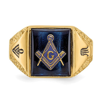 14k Men's Polished, Antiqued and Textured with Imitation Blue Spinel Masonic Ring