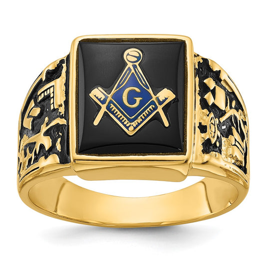14k Men's Polished & Textured w/ Black Enamel & Onyx Masonic Ring