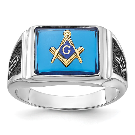 14kw Men's Textured w/ Black Enamel & Imit. Blue Spinel Masonic Ring
