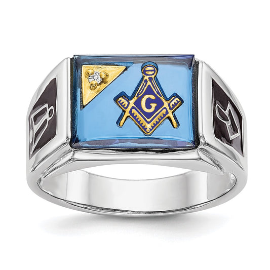 14kw Men's Textured, Enameled Dia Imit. Blue Spinel Masonic Ring