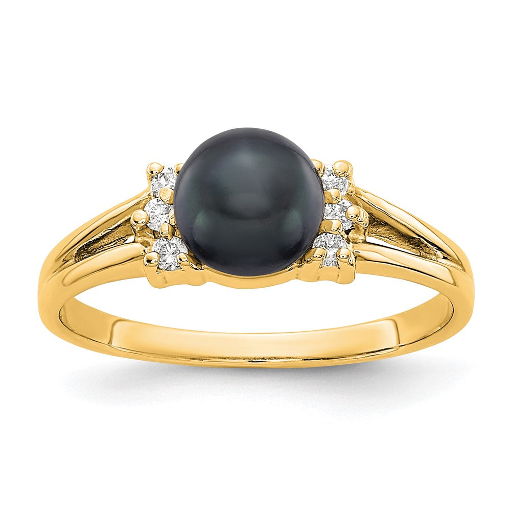 14k Gold 6mm Black FW Cultured Pearl AAA Diamond ring