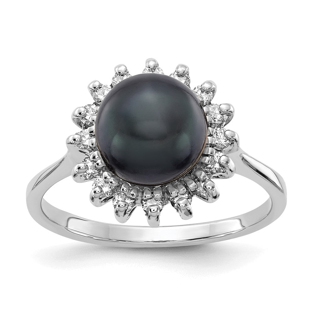 14k White Gold 7.5mm Black FW Cultured Pearl VS Diamond ring