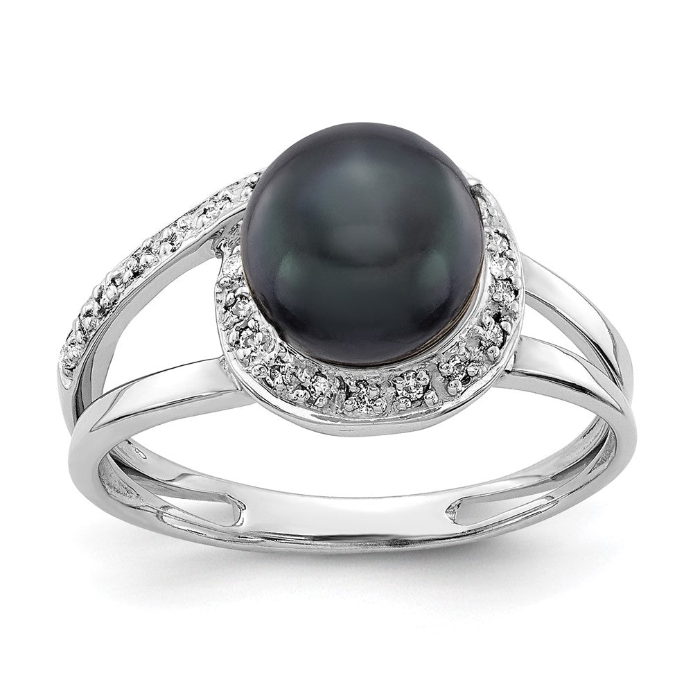 14k White Gold 7.5mm Black FW Cultured Pearl A Diamond ring