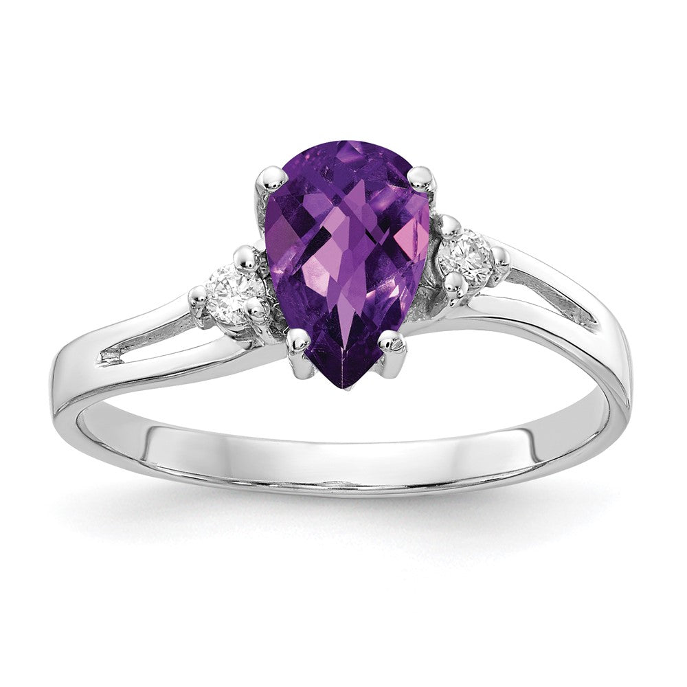 14k White Gold 7x5mm Pear Amethyst Checker AA Diamond ring