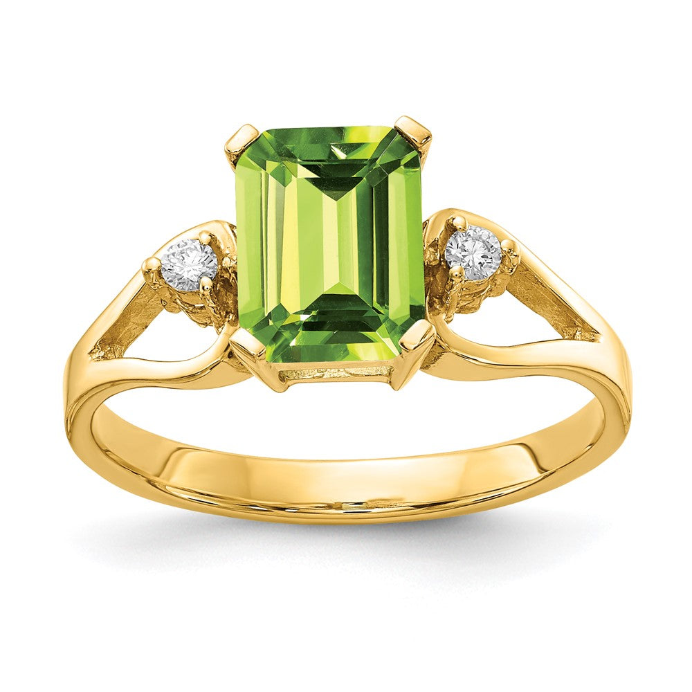 14k 8x6mm Emerald Cut Peridot VS Diamond ring