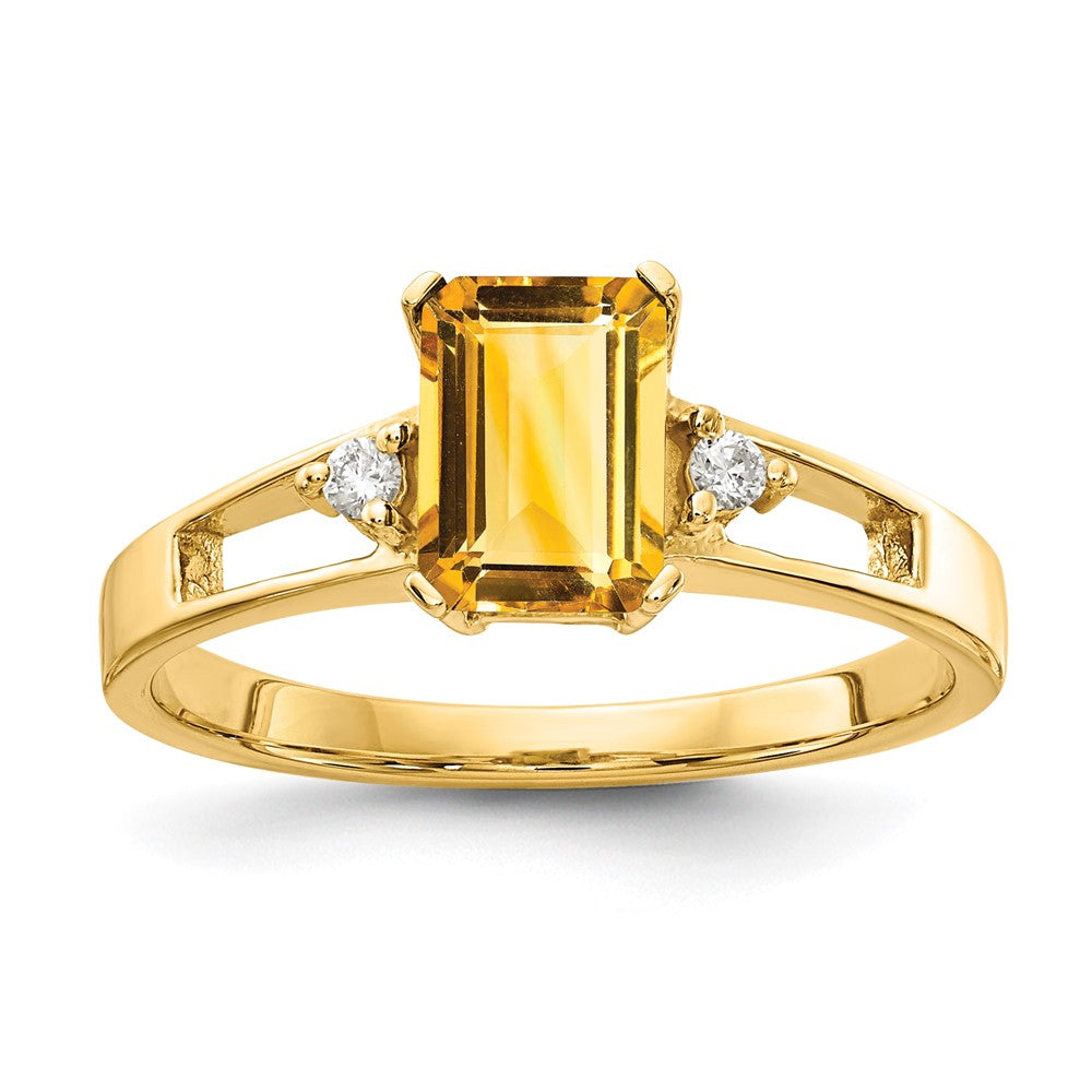 14k 7x5mm Emerald Cut Citrine AAA Diamond ring
