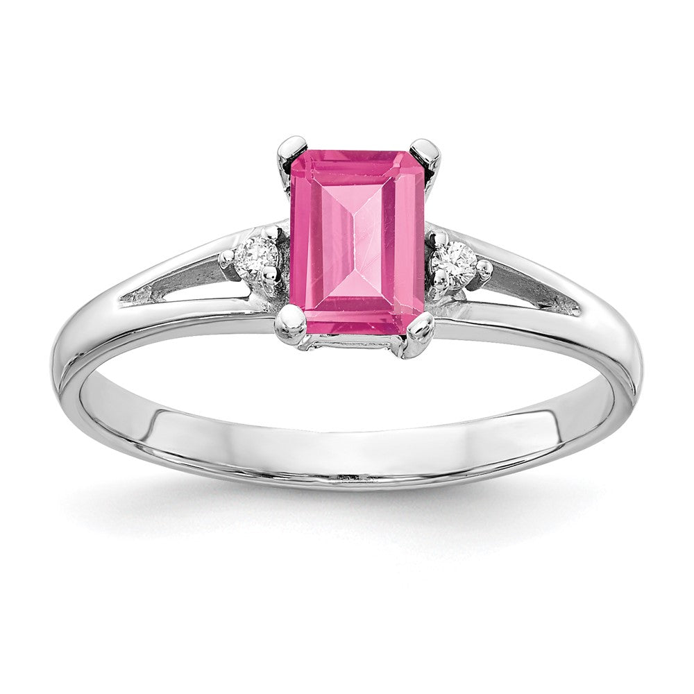 14k White Gold 6x4mm Emerald Cut Pink Tourmaline AA Diamond ring