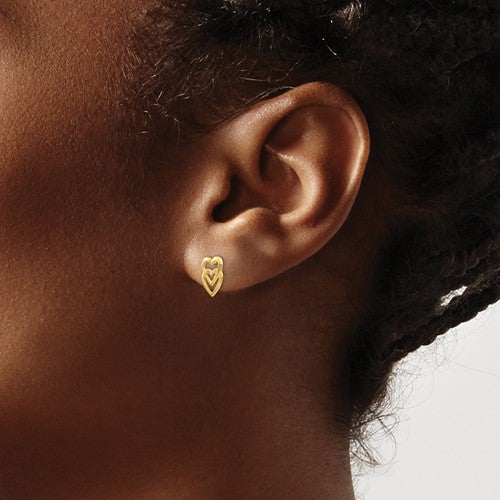 14K Yellow Gold Polished Double Heart Post Earrings