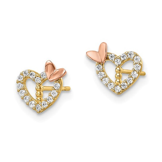 14k Two-tone CZ Heart with Butterfly Post Earrings
