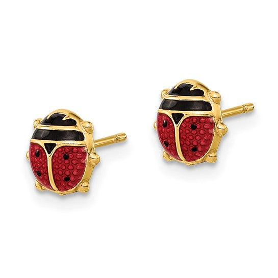 14K Gold Red/Black Enamel Ladybug Post Earrings