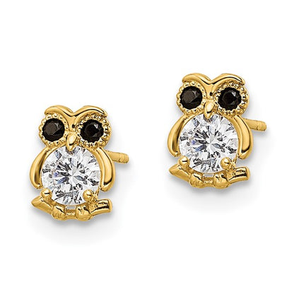 14k Black and White CZ Owl Post Earrings