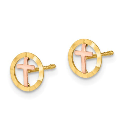14K Two-tone Circle with Cross Post Earrings