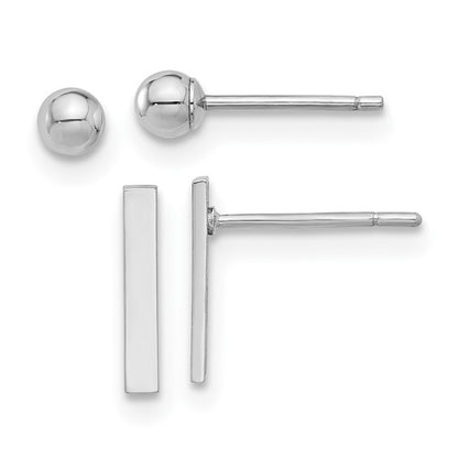 14K White Gold Polished 3mm Ball and Bar Earring Set