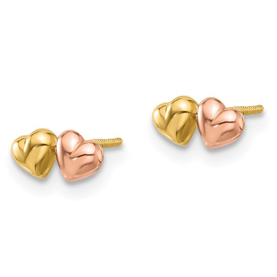 14K Two-tone Double Hearts Screwback Post Earrings