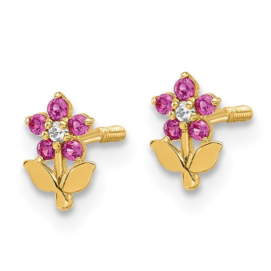 14K Polished Dark Pink and White CZ Flower Screwback Post Earrings