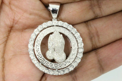 1 CARAT NATURAL DIAMOND STERLING SILVER 1.75" PRAYING HAND CROSS PENDANT CHARM