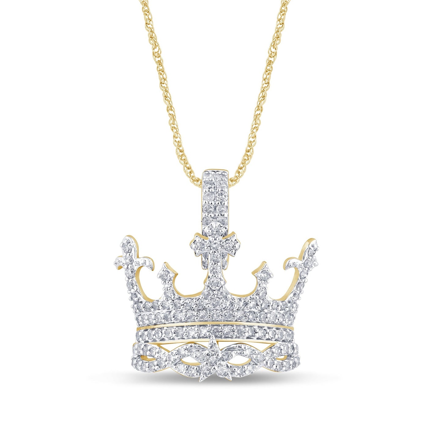 10K YELLOW GOLD .75 CARAT 1 INCH NATURAL DIAMOND CROWN CROSS PENDANT CHARM